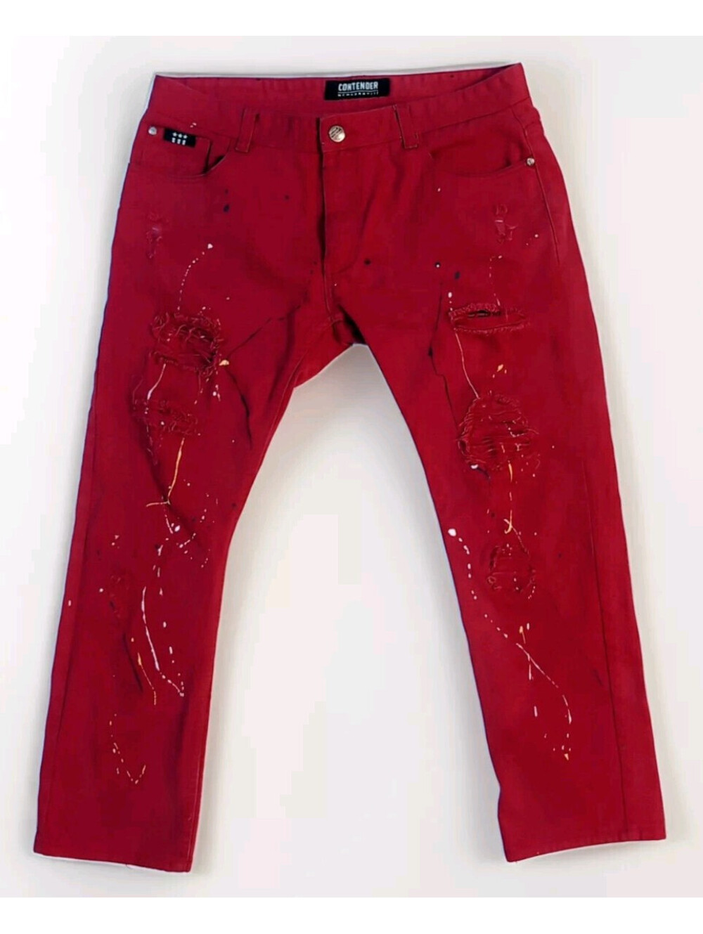 Red Destroyed Jeans Splattered Skinny Moto Mens 38x30 Denim Contender Union Made